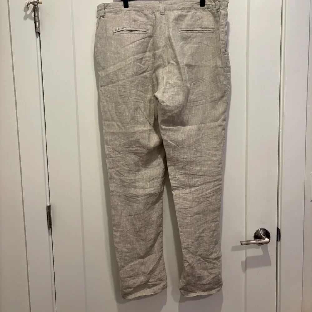 Denim Co. Mens 38x32 100% Linen Slim Fit Pants‎ Beige Flat Front Trousers